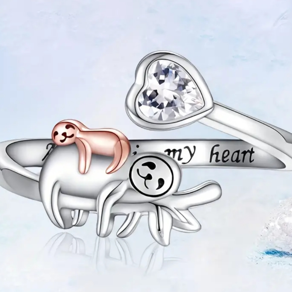 Sloth Mom And Baby Adjustable Opening Ring With Words "Always In My Heart"